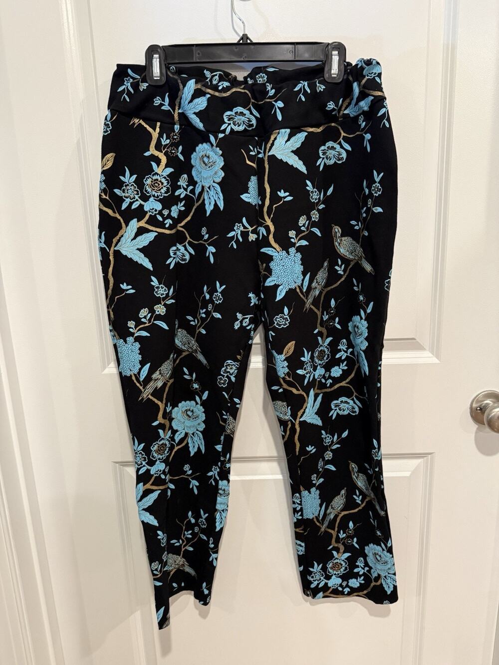 Soft Surroundings Size 1x Bold Floral Bird Print Pull On Ankle Pants Black Women